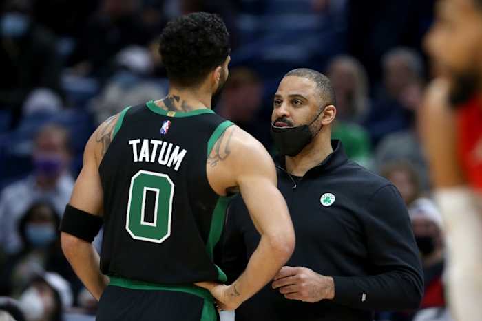 Celtics coach Ime Udoka and Jayson Tatum